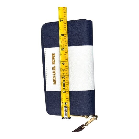 Michael Kors Navy Blue White Stripe Jet Set Leather Wallet Wristlet Compact EUC - Picture 5 of 10